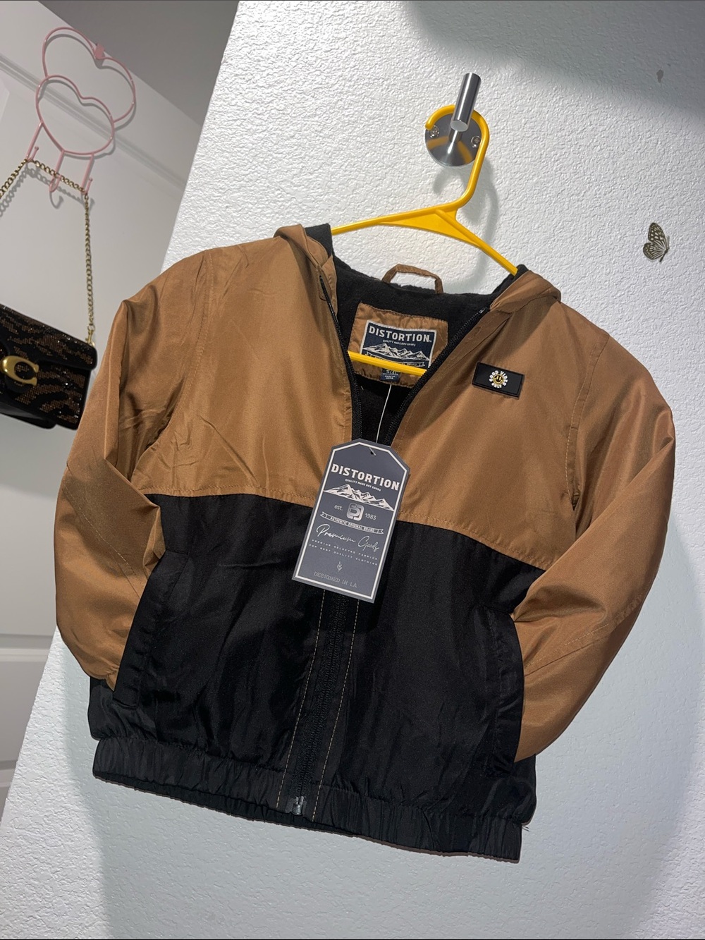 Distortion Kids Hooded Puffer Jacket in Brown and Black